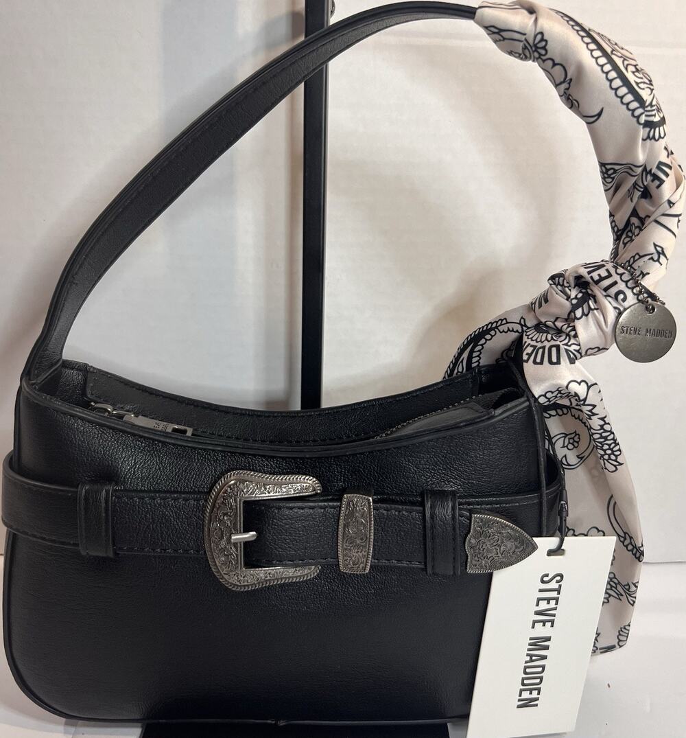 Steve Madden Borlanna Black Western Buckle Shoulder Bag Scarf NWT